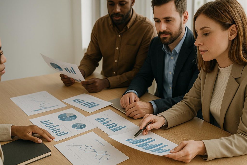 Professionals analyzing data sheets emphasizing independent auditing for ESG performance metrics
