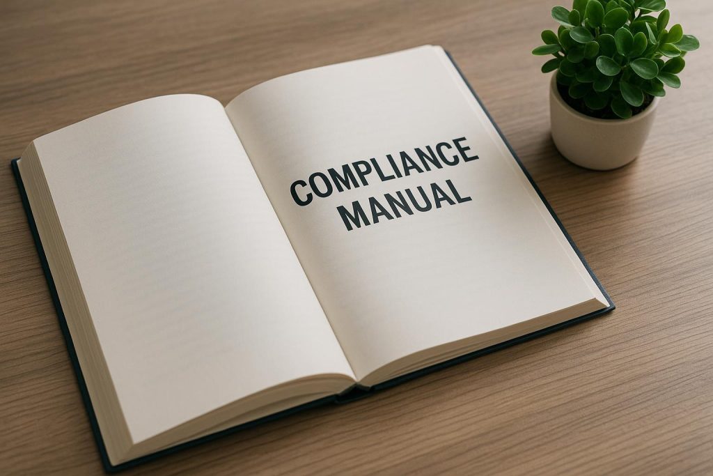 Compliance manual referencing ESG performance metrics under natural light.