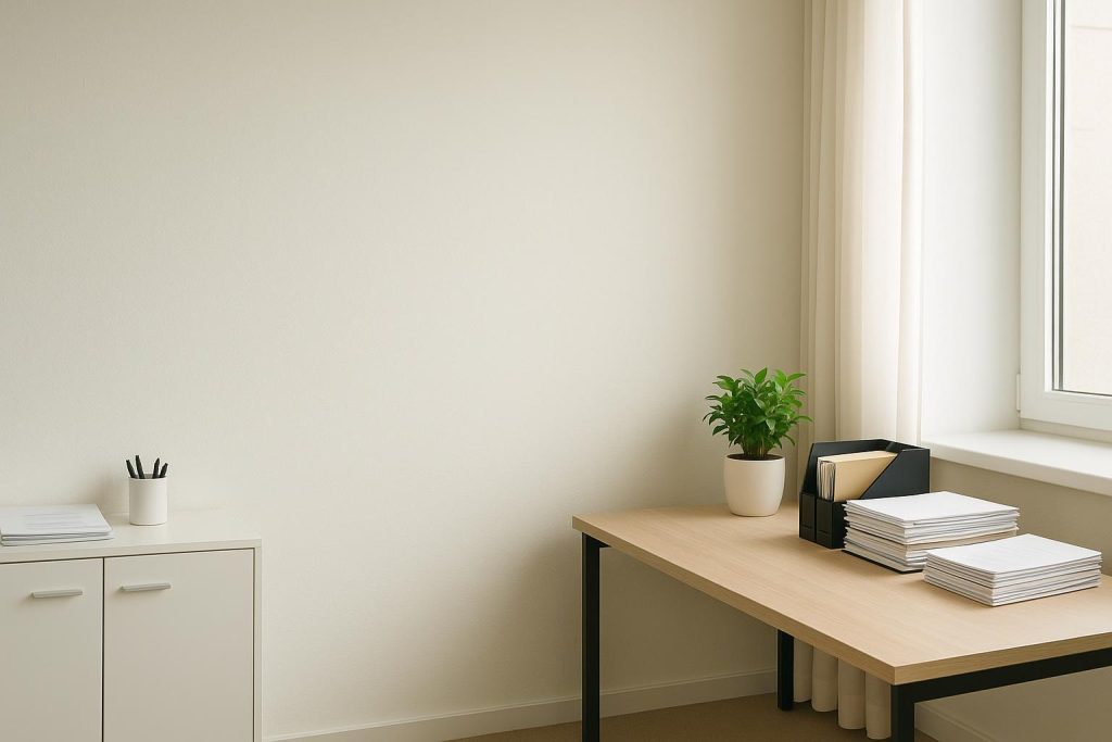 Desk with documents symbolizing ESG accreditation in a bright, modern office.