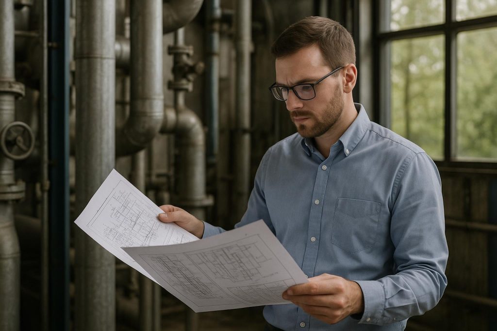Professional reviewing LCA documents in an industrial setting for environmental risk mitigation.