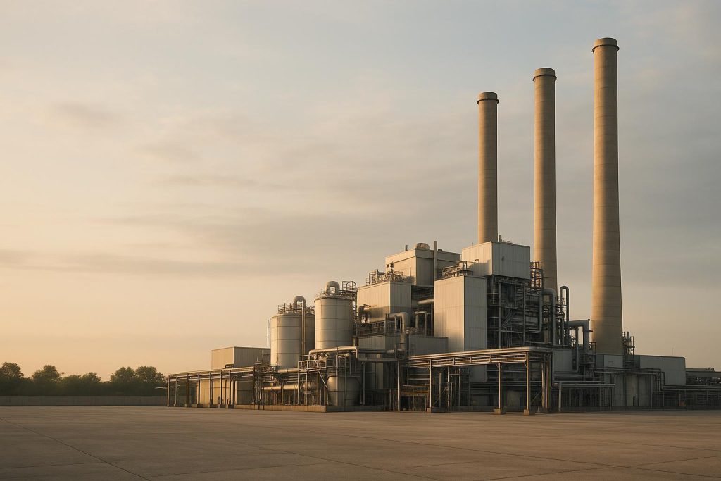 Industrial smokestacks illustrating a carbon compliance review concept.