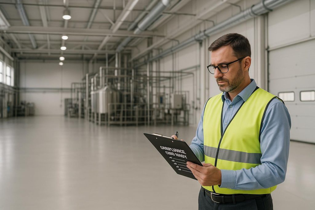 Facility manager reviewing compliance audits in a bright industrial setting.