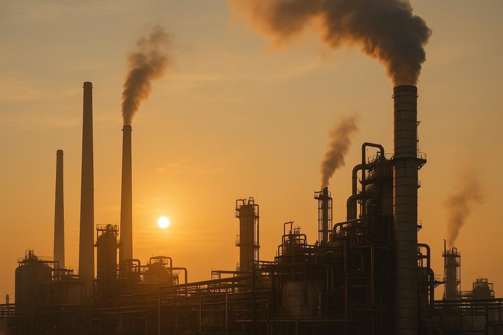 Industrial facility with emissions in sunrise light for ESG reporting relevance.