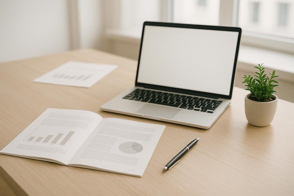 Office desk with laptop and documents referencing ESG reporting compliance.
