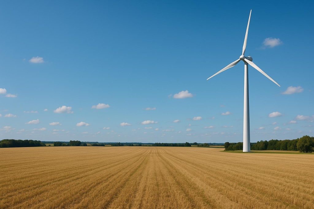 A farmland with a single wind turbine referencing ESG frameworks for carbon pricing.