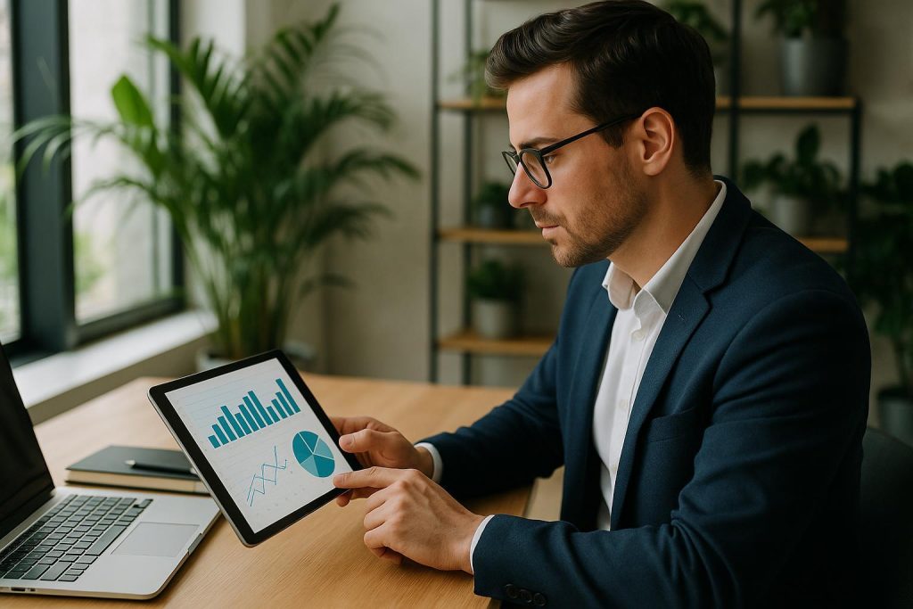A professional analyzing stakeholder ESG reporting data on a tablet with natural light.
