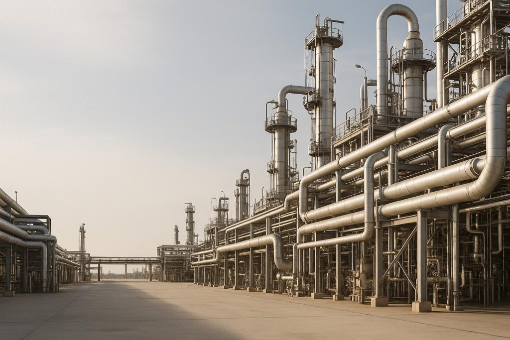 Wide shot of an industrial facility with piping, representing facility compliance standards.